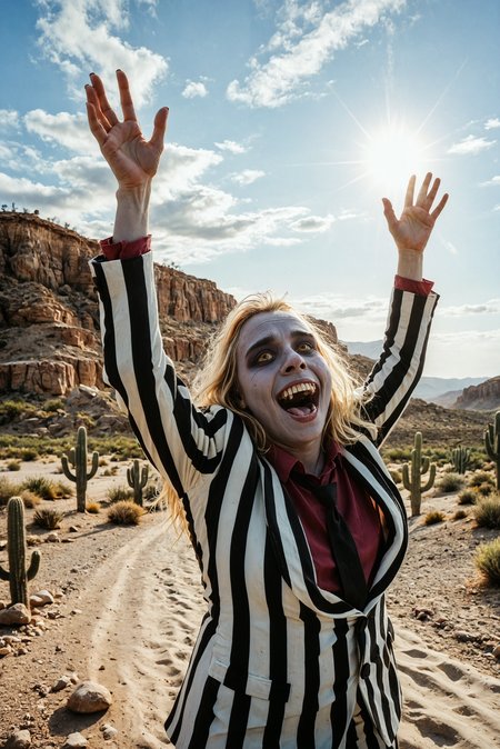 Score_9_up, Score_8_up, Score_7_up, ((Masterpiece, Best_Quality, Highest_Resolution, (Skindentation), Extremely_Detailed, Detailed_eyes)),
Beetlejuice, (male:1.1), striped suit, grey skin, teeth, yellow eyes, floating,
scream, look up, arms aside, arms up, head back, 
desert, hot sun, cactus, (five fingers:1.1),