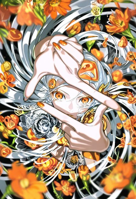 1girl, solo, orange eyes, orange nails, looking at viewer, long hair, flower, white hair, reaching towards viewer, blurry, orange flower, finger frame <lora:yoneyamaiXL_NBVP1_lokr_V6311PZ:0.95>