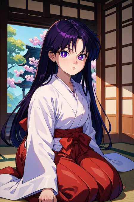 score_9, score_8_up, score_7_up, score_6_up, source_anime, 1girl, solo,  <lora:sailormars-pdxl-nvwls-v1-000005:1> slrmars, black hair, long hair, purple eyes, miko, white kimono, red hakama, hakama skirt, long sleeves, looking at you, sitting, indoors, kneeling, japanese architecture