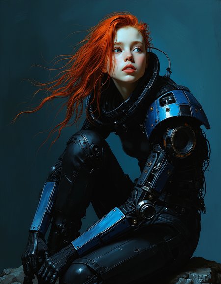 Minimalist painting of an albino teen cyborg girl by Albert Lynch, Abbott Handerson Thayer, highly detail, best quality, sci-fi, mechanical joints, black and dark blue tight bodysuit, dark blue outline, dynamic pose, dark blue outline, futuristic helmet, visor glass, innocent, serene, white skin, pale skin, blue eyes, long flowing red hair, ultra detailed, romantic, Rembrandt lighting, brush strokes, lovely, del1cate_balance style, in the style of Rembrandt. vantablack <lora:style_of_Rembrandt_FLUX_135:.8> <lora:- Flux1 - vanta_black_V2.0:.8>  <lora:Delicate_Balance:.3> <lora:neeeg_f1:-1>
