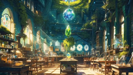(masterpiece, top quality, best quality) ,,BREAK ,(fantasy),wide shot,scenery , <lora:cozy animation scenes_20230824111332:0.5>,light particle,sunlight,(laboratory ),glowing,light ray,moss,stained_glass,chalkboard ,((crystal)),(magic_circle ),wooden,(green theme)