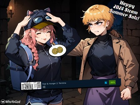 score_9, score_8_up, score_7_up, score_6_up,source_anime, rating_safe,
2girls,dungeon,night,cowboy shot, dutch angle,
<lora:Concept Art DarkSide Style LoRA_Pony XL v6:0.45>, concept art, dark theme, (low light:1.2), BREAK
<lora:steam_delivery:0.9> , SDG, hat, shorts, jacket, shirt, backpack, braid,
<lora:eto:0.8> , closed eyes, tongue out, hands on own head, smile, upper body, BREAK
<lora:Lunas-Karin-Funger-SDXL-A1:1> , karin funger, blonde hair, low ponytail, grey eyes, bangs,brown jacket, purple skirt, long skirt, black sweater,
frown, clenched teeth, angry, looking at another, clenched hand,