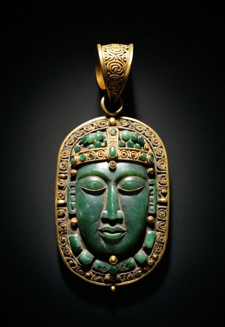 score_9, score_8_up, score_7_up, score_6_up, ((highly realistic, highly detailed, intricate details, photorealistic, photography, photo)), ((high quality:1.4, best quality:1.5)), ((full view, pov from above)), view of an antique amulet exposed in an museum, the antique amulet is made of carved old jade and aged gold intricate inlay, the the antique amulet come from old Maya civilisation, ((the antique amulet have a Maya face carved on it)), (sharp shadow, dim light, low light, dramatic light), fixl-art