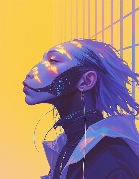 A portrait a alien biomechanic creature with shadows cast across the strange muzzle. It standing in a moody, cinematic environment. The yellow lighting is solely focused on the subject, filtered through a grid, creating intricate, patterned shadows. The rest of the scene fades into cold purple darkness. Neon glows, sparks, wires, cables, and sci-fi elements enhance the scene, with complex details throughout. The shallow depth of field, film grain effects, heightens the high-budget, dramatic atmosphere. Textures, small detales aesthetic blends intricate, surreal design with a grainy. <lora:qiu_blue:1> xijie_blue