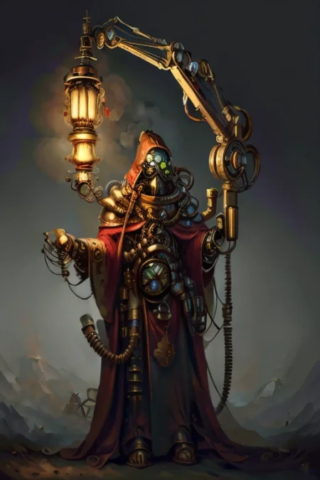 ((masterpiece,best quality)), absurdres, mechanical arms, robes, hood, (techpriest), cyborg, mechanical face, (GasLampFantasyAI)