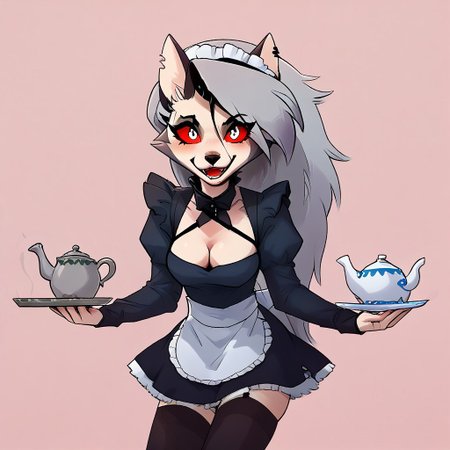 Expressive, score_9, score_8_up, score_7_up, score_6_up, score_5_up, score_4_up, maid, apron, thighhighs, maid_headdress, large_breasts, cleavage, teapot, tray, pink_background, hand_on_hip, white_hair, open_mouth, looking_at_viewer, cup, cleavage_cutout, maid_apron, teacup, red_eyes, smile, white_thighhighs,long_sleeves, simple_background, puffy_sleeves, blush, holding, animal_ears, hair_between_eyes, dress, alternate_costume, holding_tray, juliet_sleeves, green_eyes, fang, clothing_cutout, frills,Loona