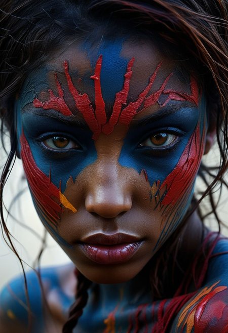 Close-up face, mysterious silhouette of an exotic coloured girl in worn down clothing, bloody war-paint over eyes only, goddess, alluring, by Minjae Lee, Carne Griffiths, Emily Kell, Steve McCurry, Geoffroy Thoorens, Aaron Horkey, Jordan Grimmer, Greg Rutkowski, amazing depth, double exposure, surreal, geometric patterns, intricately detailed, bokeh,  perfect balanced, deep fine borders, artistic photorealism , smooth,  great masterwork by Suiras  <lora:add-detail-xl:2>  <lora:Double_Exposure:0.5>