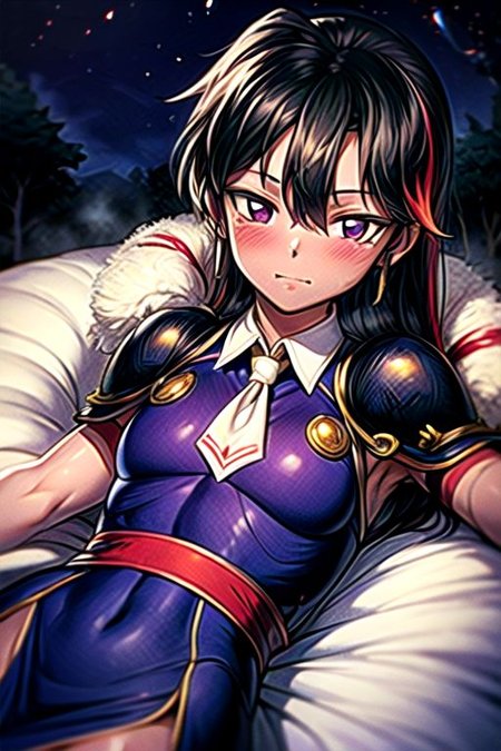 best quality 1girl Setsun4 solo long hair,  (night time) forest background black hair very long hair purple eyes multicolored hair armor, small, (fur trim) (medium body),<lora:EMS-179-EMS:0.800000>,<lora:EMS-293862-EMS:0.800000> bow, hair_bow, hair_tubes, red_bow, brown_hair, long_hair, bangs, ascot, frilled_bow, yellow_ascot, blush, smile, hair_between_eyes, athletic, armor, miko, ,(((intricate outfit,intricate clothes,embroidered outfit,ornate outfit,embroidered clothes,ornate clothes))), laying down, lying down
