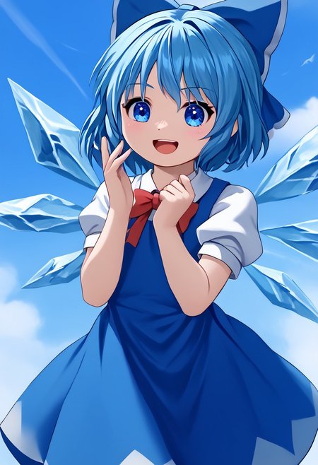 score_4,score_5,score_6,score_7_up,score_8_up,score_9
((masterpiece,best quality,ultra detailed,highres,HD,4k:1.2)),
1 cute girl,solo,
cirno,blue hair, blue bow, short hair, hair bow, blue eyes, 
wings, dress, red bow, ice wings, ice, blue dress, short sleeves, puffy sleeves, red ribbon, 
smile,open mouth,