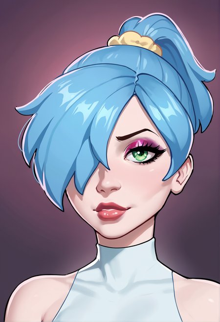 score_9_up, source_cartoon, 1girl.  solo.   daisy_fellatrix, petite. small breasts. hair covering one eye. short hair. ponytail. blue hair. pale skin. makeup, turtleneck. portrait. closeup. (embedding:zPDXL2:1.0),