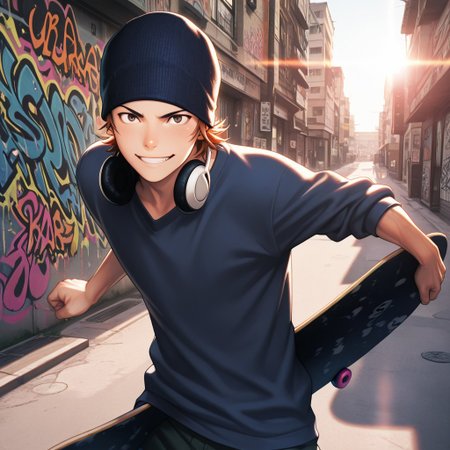 masterpiece, best quality, amazing quality, absurdres, newest, detailed background, definition so sharp, Ultra-HD, 8K cinematic, very awa, impressionate, amazing quality, highres, 
solo, male focus, manly, 
1boy, short hair, beanie, headphone around neck, misaki_orange hair, misaki_brown eyes, misakiyata, street art, graffiti, urban setting, sunny day, lens flare, motion blur, youthful, dynamic, active, mid-air, skateboard, energetic pose, cheerful smile,