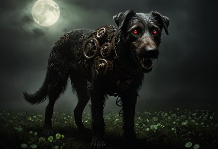 masterpiece, highly detailed, exterior, foggy night, misty field of green clover, clover around the edges, closeup, a menacing mechanical Irish wolfhound, black (fur made of gears), rusty old gears and cogs, old black iron, two glowing red eyes, looking at viewer, emerging from the dark, the black shuck of folklore, dark and menacing, portent of . <lora:gearstyle:1> <lora:zavy-cntrst-sdxl:1> dark, chiaroscuro, low-key
