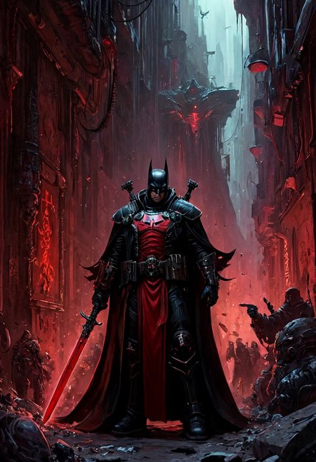 a mix of  nqstrman and batman  in a black and red outfit holding a sword stands in the shadowy underbelly of a hive city, his long coat billowing as he examines xenos artifacts hidden in a dimly lit alley. The grimy walls are covered in graffiti venerating forbidden gods, and his gaze is stern, his hand resting on the hilt of a power sword, ready to dispense the Emperor's justice, apxlz