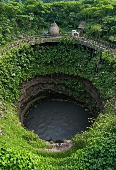 arafed view of a large crater with a walkway in the middle, real life totoro, beautiful hd, everything enclosed in a circle, hou china, pacal votan, looming over the earth, well - decorated, huge black round hole, ivy, solar, <hd, ad, top