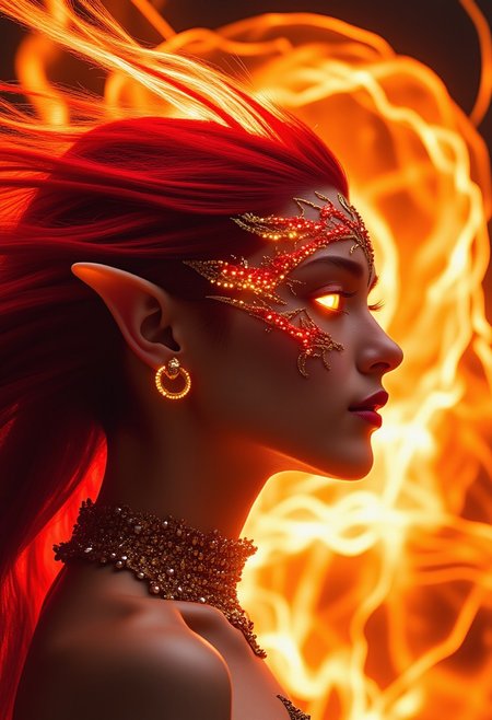 A photo in aestheticphotographyjp style, captured with a Fujifilm X100VI (f/2.8, 120mm). A side profile of a radiant fantasy character with pale skin, elongated elf-like ears, and fiery, flame-like red hair flowing with dynamic energy. Their face is adorned with intricate red and gold patterns, resembling shimmering gemstones, while piercing yellow eyes glow with an intense, otherworldly allure. Clad in a high-collared, pearl-studded garment with metallic accents, they exude elegance and power. The background is an otherworldly tapestry of swirling crimson clouds, glowing embers, and faint golden arcs of light, adding depth and drama while amplifying the character's fiery brilliance, NewFantasyCore, mythp0rt