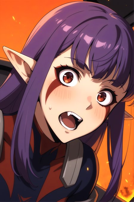 <lora:EsilRadiruV3:0.8> Esil Radiru, 1girl, pointy ears, solo, phantasy star, purple hair, red eyes, open mouth, long hair, fangs, orange background, embers, facial mark, bodysuit, macross, upper body, bangs, pilot suit, cockpit, sidelocks, simple background, wideeyed, science fiction, tongue, teeth, sparks, facepaint, gloves, fire, surprised, hair behind ear, photoshop, breasts, tattoo, fang, original, facial tattoo, portrait, small breasts, cyborg, blush, pale skin, looking at viewer