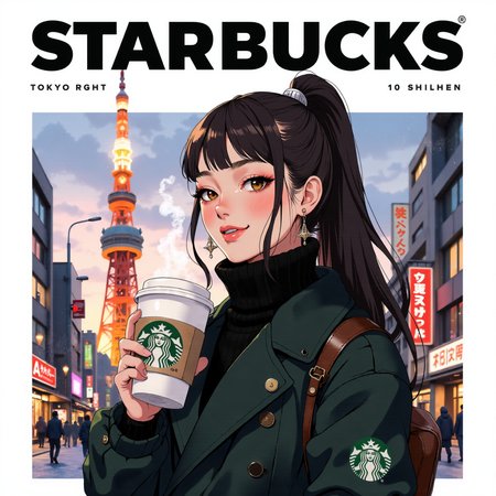 anime_martz, magazine_style, mythp0rt, magazine_cover, fashion cover for starbucks,  A stylish urban woman, dressed impeccably in winter fashion, stands under the iconic Tokyo Tower on a crisp winter day. She cradles a steaming cup of Starbucks coffee, the Starbucks logo prominently displayed on the cupâs sleeve. Her expression radiates happiness and warmth, her smile soft and carefree as she enjoys the moment. The backdrop of Tokyo Tower, dusted with winterâs chill, adds a touch of urban sophistication to the scene. The overall vibe is cozy yet fashionable, with the cold season juxtaposed against the warmth of her drink and the chic city setting. The Starbucks logo and brand name take center stage as the magazineâs title, integrating seamlessly with the fashionable design of the cover, emphasizing the connection between style, urban living, and the comforting indulgence of a hot coffee<lora:anime_martz:0.9> <lora:magazine_cover2_flux:0.6> <lora:FluxMythP0rtr4itStyle:0.4> <lora:Halftone_Flux:0.3>
