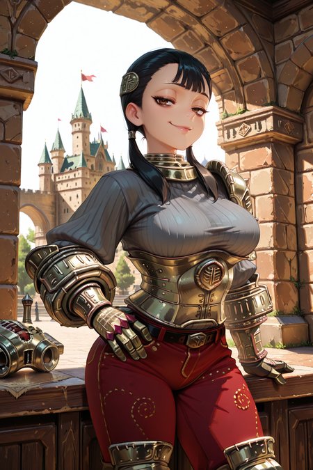 <lora:ChamIllustriousBackgroundEnhancer:0.5>, masterpiece, very aesthetic, absurdres, best quality, amazing quality, high resolution, newest, very awa, scenery,  looking at viewer,  <lora:spo_sdxl_10ep_4k-data_lora_Illustrious:0.8> <lora:StabilizerIllustrious:0.8> , masterpiece, beautifully drawn, elegantly detailed,  <lora:AsheiIL:0.8> , AshDef, 1girl, black hair, twintails, hair over shoulder, brown eyes, bags under eyes, hair ornament, gorget, grey sweater, ribbed sweater, single pauldron, armored corset, silver corset, silver gauntlets, red pants, belt, silver greaves, looking at viewer, (cowboy shot), hand on hip, sassy, smug, interior, ramparts, castle,
