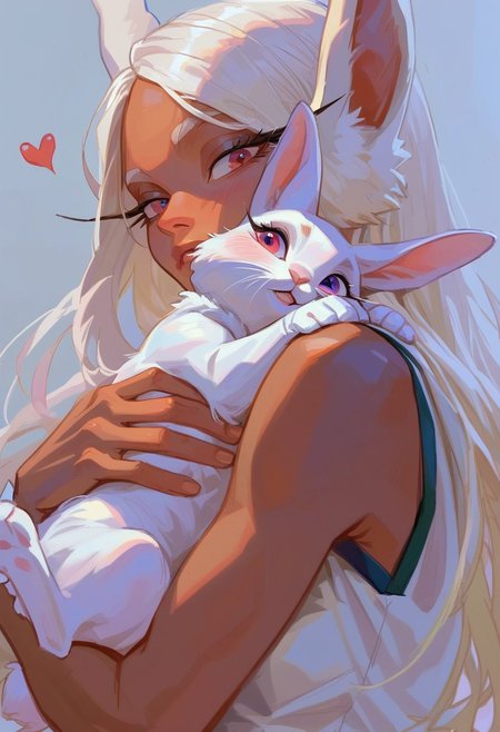 score_9, score_8_up, score_7_up, score_6_up,  <lora:p3tl0v3XLP:1> p3tl0v3, 1girl, rumi usagiyama, dark skinned female, hugging a white rabbit, SWMS