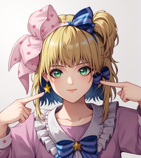 score_9, score_8_up, score_7_up,
<lora:Robot_Carnival_Presence:1>
Presence, blonde hair, green eyes, pink dress with frilled collar, upper body, (pink polka dot bow), star earring, blue hair ribbons,
1girl, duofinger, pointing at self, upper body, <lora:DuoIndexFingerPointingAtSelf_XLPD:1.1>,