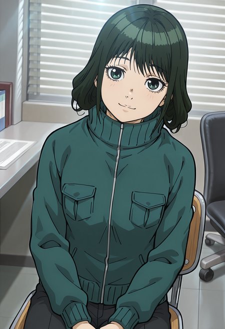best quality, amazing quality, perfect quality, high quality, masterpiece, absolutely eye-catching BREAK
<lora:Police_in_a_Pod_-_Miwa_Makitaka:1> HakozumeMiwa, green eyes, green hair, long hair, choppy bangs, hair down BREAK
hair tucked into jacket, green turtleneck jacket, black pants BREAK
indoors, office, desk, chair, window, window blinds, sunbeam BREAK
1girl, solo, sitting, on chair, head tilt, light smile, looking at viewer, cowboy shot, dutch angle