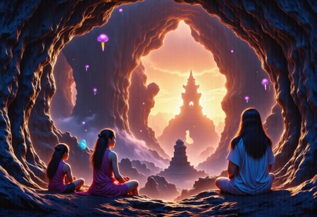 Generate an image of an ancient, mystical forest at twilight where the last light of day meets the onset of night. Emphasize:
- The transition of colors from warm sunset hues to cool night tones.
- Detailed, textured trees with glowing natural elements like mushrooms or fireflies.
- Ruins of an old civilization subtly integrated into the landscape.
- Characters in ancient attire, contemplating or observing this natural spectacle.
- Use of light to highlight textures and create depth.

Ensure the image reflects a mood of peace, timeless beauty, and a hint of magical realism. Focus on composition with elements aligned to the rule of thirds for visual interest.