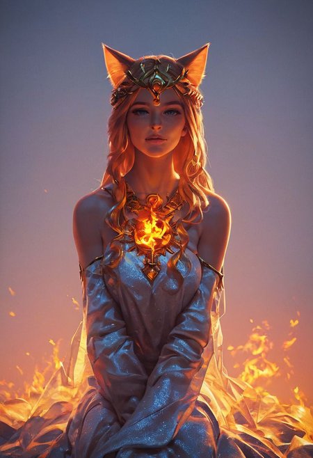((goddess of fire, beautiful woman, sexy body, dramatic light)), summer dress, cat ears, ((score_9, score_7_up, sunset)), perfect cute face, full body, sitting on fire, raindrops, horny face, 43stl1ght1ng, low light, dramatic lighting, darkness,
