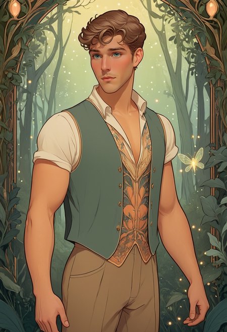 <lora:mdj_sdxl_v1-000008:1>  ArsMJStyle <lora:Disney_Nouveau:0.5> artistic illustration, mdjperson illustrated in elegant Disney Art Nouveau style, standing confidently in an enchanted forest, lush foliage and ornate floral motifs framing the scene, soft glowing fireflies illuminating him, wearing a sleeveless vest inspired by vintage fantasy fashion, gentle yet strong expression, intricate details and flowing lines reminiscent of Alphonse Mucha, rich pastel and gold color palette, dreamy atmosphere, classic Disney animation charm, beautifully detailed artistic illustration