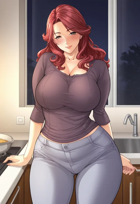 masterpiece, best quality, ultra detailed, solo, 1girl, mature female, red hair, curvy, large breasts, indoors, kitchen, smile, blush, shirt, pants, skimpy, shadows, night, s4w4d4d4isuk3, <lora:Sawada_Daisuke_Style_IL:1>