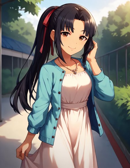 score_9,score_8_up,score_7_up,1girl,solo,cowboy shot,smile,looking at viewer,outdoors,
<lora:mizunomidori_ponyXLV6:0.8>,cgmzm,
black hair,parted bangs,sidelocks,ponytail,brown eyes,
hair ribbon,red ribbon,(necklace:0.6),white dress,blue cardigan