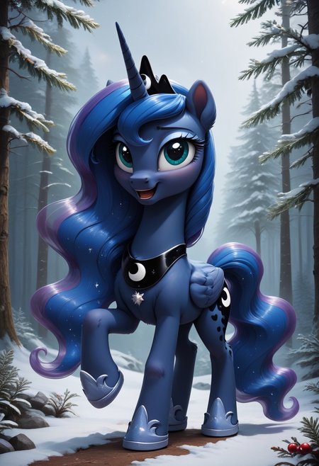 score_9, score_8_up, score_7_up, ( princess Luna mlp1.2), cute very fuzzy, necklace forest background  full body view cutie mark snow on the ground Christmas tree wearing a blue cloak and tiara and necklace and sliver horse shoes in the rainforest