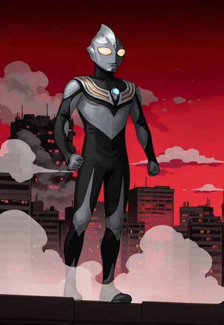 anime screencap, anime coloring, masterpiece, best quality, amazing quality, absurdres, wide shot, S4s4k1Nsfw, full body shot, male focus, 1boy, solo, giant ultraman, tiga power type, tokusatsu, alien, bodysuit, yellow eyes, no humans, giant, walking down street, city shrouded in white smoke, black clouds, red sky, outdoors, cityscape, dark_theme,fca style