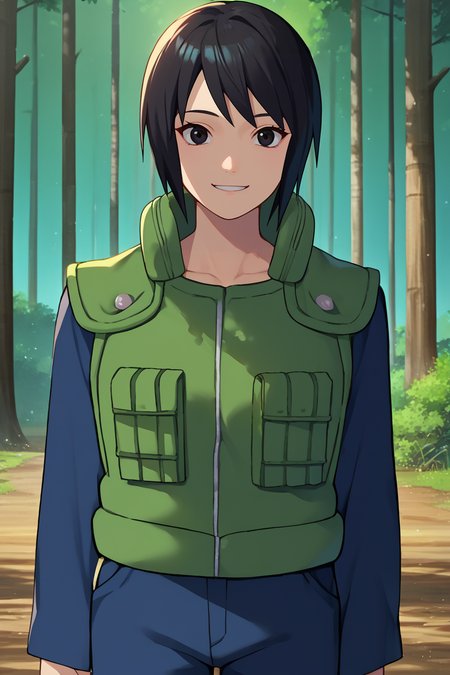 score_9, score_8_up, score_7_up, score_6_up, source_anime BREAK 1girl, solo, <lora:shizune-pdxl-nvwls-v1-000005:1> shizune, black hair, black eyes, vest, long sleeves, pants, (big breasts:0.6), forest, looking at you, smile