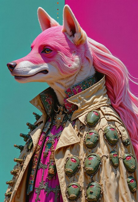 Anthropomorph Shina inu dog with a pink bobcut and long hair in the back, wearing a trenchcoat full of grenades,turquoise silver grunge, in profile, side view, surrealism, pencils, fashion illustration, gradient magenta and teal background, avant-garde, vivid colors, filigrie, photorealistic rendering, mody chiaroscuro lighting