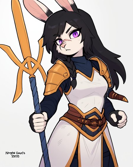 score_9_up, score_8_up, score_7_up, score_6_up, half-length portrait, female, black hair, purple eyes, bunny, facial scar, medium breasts, long hair, side braid, furry, clothing, armor, holding weapon, polearm,    looking at viewer, neutral expression, head tilt, solo, (three-quarter view), simple background, white outline <lora:Leah_Pines(AIM)_XL_v1:0.15> <lora:PDXL_artist_tags_v2_big:0.5> <lora:The-Minuscule-Task_PDXL_v1.0:0.6>  <lora:Solstice_Fuyumi_VisitorVun:0.8>
