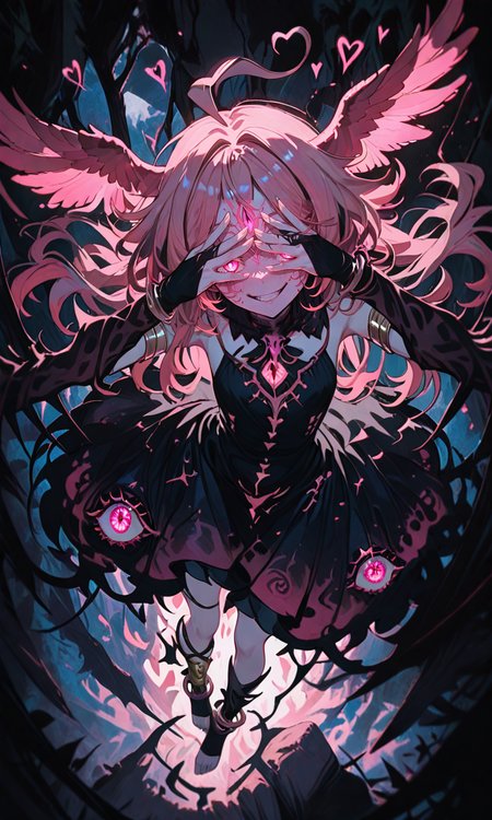 masterpiece,best quality,absurdres,very aesthetic,very awa,highres,newest,year 2024,year 2023,<lora:NLSTN-IL_1412568:1>,nlstn,glowing,dark,<lora:illustrious_quality_modifiers_masterpieces_v1_956369:0.7>,<lora:ponyv4_noob1_2_adamW-000017:0.7>,<lora:spo_sdxl_10ep_4k-data_lora_webui:0.6>,<lora:add-detail-xl:0.9>,<lora:KonyaKarasue-000008:0.4>,<lora:Isha_Illus_XL_1131795:0.6>,ishaILXL,heart ahoge,pink eyes,skinny,multicolored hair,white hair,pink hair,24 yo,24 year old girl,(white eyelashes:1.2),dynamic background,detailed,womb tattoo,dynamic_angle,flat chest,looking at viewer,facial mark,
masterpiece,sharp detail,intricate detail,1girl,3y3s_illu,extra eyes,solo,glowing hands,dark blonde,black dress,feather hair,(head wing, head wings covering eyes:1.3),evil grin,smile,long hair,massive wings,eyeball print inner skirt part,outstretched arms to viewer,gradient feather,glowing wings,bridal gauntlets,dynamic angle,toeless legwear,levitation,flying,floating dress,relaxed,gold armlet,gold anklet,holding stone eyeball,