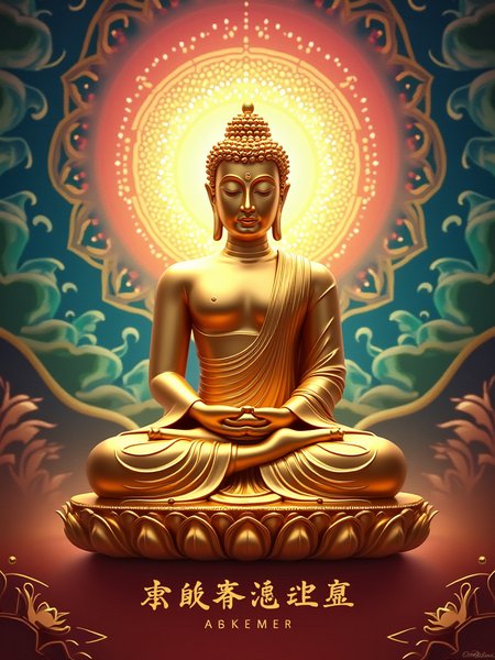 Revised Poster Design Concept: Golden Buddha Statue
Overall Style:

Luxurious and Serene with Vibrant Elements: The poster will showcase a Buddha statue made entirely of gold, emphasizing its metallic texture, but will now incorporate a colorful and intricate background to enhance visual appeal.
Buddha Statue Design:

Pose: The Buddha will remain in a classic seated pose, with a peaceful expression and gentle eyes, reflecting inner tranquility and wisdom.
Material Effect: The statue will have a smooth metallic finish, reflecting light to create a sense of opulence and divinity.
Background Design:

Colorful Aura: The background will feature a radiant, multi-colored aura surrounding the Buddha, reminiscent of traditional Buddhist art, incorporating shades of blue, pink, green, and yellow to symbolize enlightenment and positivity.
Complex Patterns: Integrate intricate mandala designs or swirling patterns in the background, adding depth and complexity to the overall visual.

Radiant Light:

Halo and Rays: Surrounding the Buddha, add a vibrant halo and dynamic rays of light in various colors, symbolizing wisdom and spirituality, enhancing the visual impact of the statue.
Additional Elements:
Lotus Patterns: Incorporate detailed lotus motifs at the base of the statue or within the background, symbolizing purity and awakening, with a gradient of colors to match the overall theme.
Delicate Decorations: Add subtle geometric patterns or ornate golden embellishments in the background to enhance the overall artistic feel and richness of the design.
Overall Effect:
This revised poster will blend wealth and spirituality through the luxurious golden Buddha statue while incorporating vibrant colors and intricate designs to create a more dynamic and captivating visual.   The colorful background and light effects will evoke a sacred atmosphere, while the text at the bottom reinforces the theme of prosperity.   The overall design will not only attract viewers' attention but also inspire contemplation and a sense of awe.