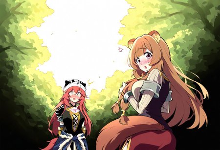 anime girls, Lupusregina Beta from Overlord <lora: 
Lupusregina Beta - Overlord - PDXL LORA>, Raphtalia from The Rising of the Shield Hero <lora: Raphtalia | Shield Hero>, standing close, face to face, Lupusregina smiling confidently, playful expression, arms behind back, playful pose, Raphtalia blushing, shy body language, surprised eyes, long chestnut hair, beast ears, fluffy tail, Lupusregina’s nun-style outfit with thigh slit, Raphtalia’s fantasy leather armor outfit with red skirt, sunlight filtering through trees, forest clearing, gentle breeze, highly detailed, anime style, dynamic lighting, fantasy mood, 4k, masterpiece
