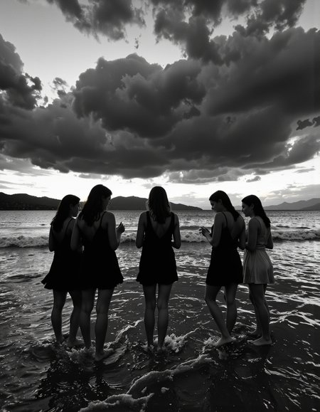 By Ibai Acevedo. A black and white photograph from a far camera angle about a group of silhouettes of women standing in shallow water at sunset on a beach. the image also shows dramatic clouds in the sky and distant mountains in the distance. on the middle of the image, a woman appears to be in her mid-twenties, standing with her back to the camera, facing away from the viewer. she is wearing a dress and her hair is long and flowing down her back. her body is slim and she is standing in the shallow water with her feet in the water. the other women in the group are standing with their backs to the viewer, facing the same direction. they are all wearing dresses and their hair is flowing down their back. the atmosphere is dramatic and moody, with the dramatic clouds casting shadows on the water and the distant mountains.