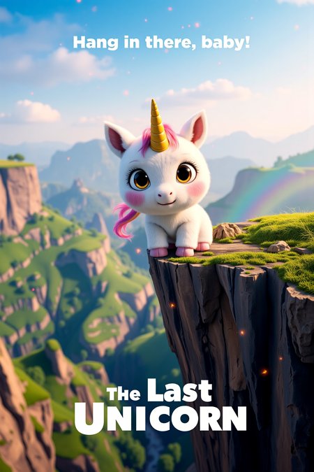 mvpstr. Epic Movie poster for "The Last Baby Unicorn", featuring A cute, wide-eyed baby unicorn with pastel-colored fur and a tiny horn clings precariously to the edge of a cliff, looking both determined and a bit nervous. In the background, a whimsical, mystical landscape is visible, with gentle hills, magical sparkles, and a faint rainbow. tagline at the top reads: "Hang in there, baby!"  At the bottom, add the film title, "The Last Baby Unicorn," in a playful, fantasy-style font that complements the lighthearted tone. <lora:schnell_v1.0:1.0> <lora:EpicMoviePoster-000015:0.8>