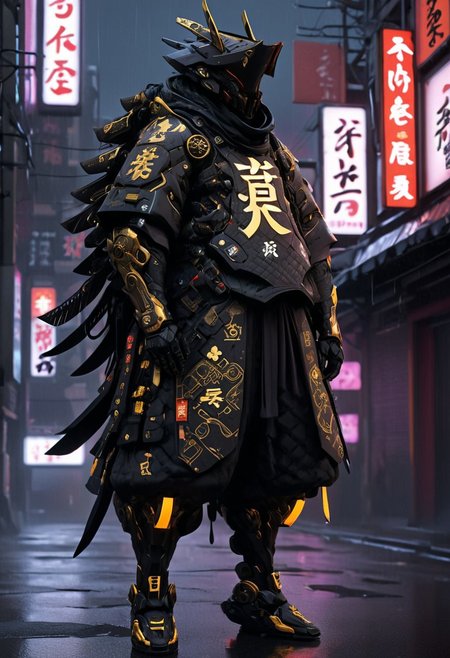 Image depicts a futuristic, cyberpunk-style warrior standing in a neon-lit urban environment. The subject is clad in an elaborate, dark armored suit with intricate details and glowing gold accents. The helmet features sharp, angular designs with a menacing, visor-covered face. The armor includes various technological components and Japanese kanji characters in white and gold on the chest and arm. The warrior is equipped with multiple swords, sheathed on the back and sides, and the overall aesthetic is dark and imposing. The background showcases a rainy city street with neon signs in Japanese, adding to the cyberpunk atmosphere. Black Smoke emanating from behind the samurai, full body