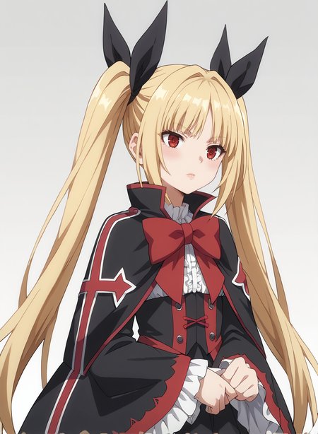 score_9, score_8_up, score_7_up, score_6_up, score_5_up, score_4_up, source_anime, anime screencap, masterpiece, insanely detailed, detailed background, zPDXL3, BREAK, RachelAlucardBB,1girl,solo,long hair,blonde hair,red eyes,red bow,ribbon,twintails,black hair ribbon,small breasts,frills,red bow,ghotic fashion,black capelet ,red cross pattern,black dress