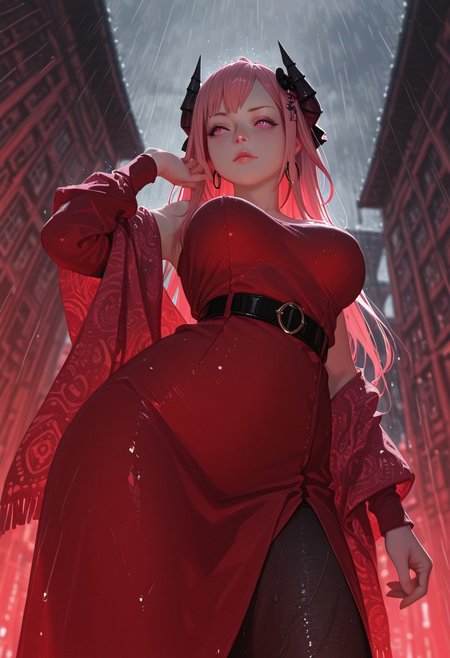 very detailed, flat color, no lineart, Vibrant Contrast, gradient colors, particle effect, (fine fabric emphasis:1.2), (((masterpiece, amazing quality, best quality, ultra-detailed, 8K, illustration, amazing quality, newest, absurdres, realistic))), highres, very aesthetic, absurd res, hi res, very awa, dynamic angle, refined, volumetric lighting, cinematic lighting, blurry background, close up vivid colors, ((source_realistic:1.6)), hyper detailed, (dynamic pose:1.4), depth of field, photorealistic colors,  
film grain, realistic, (cinematic:1.3), textured sketch, red theme, 
(lens blur:1.2),  
(dynamic angle), dutch angle, from below, long shot,
 contrapposto, hand up, looking afar,
grey sky, storm, rain, water drop, building, outdoors, 
(blurry background:1.2), fisheye, backlighting, depth of field, perspective, 
1girl, breasts, demon horns, horns, solo, long hair, pink hair, pink eyes, hair ornament, Patterned shawl, wide belt, sleek bob, large hoop earrings, strapless, collarbone, long sleeve,
