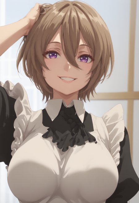 score_9, score_8_up, score_7_up, high res image, 22yo, mature woman, masterpiece, 1girl, solo, bright colors, anime style, large breasts, anime style, perfect light, professional photo, bold colors,<lora:KaifukuMeido:1>, KaifukuMeido, Meido, brown hair, short hair, purple eyes, hair between eyes, black maid outfit, smile, maid,  (close-up, upper body:1.4), hand in hair,