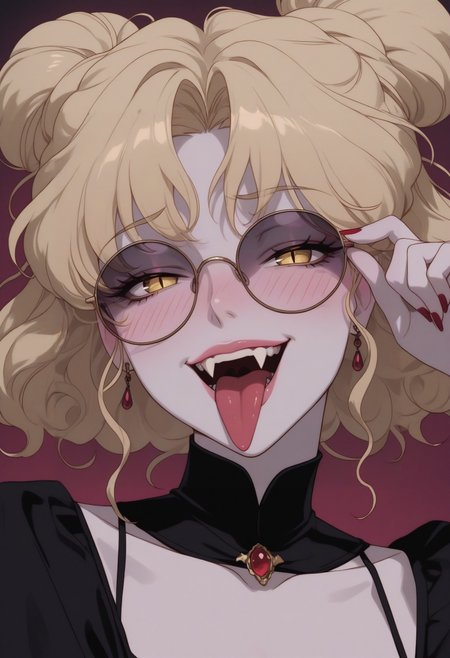 vntg2, mature female, 1girl, pale_skin, ear_blush, nose_blush, blush, round_sunglasses, eyewear, adjusting_eyewear, short_hair, ((double_bun)), wavy_hair, (blonde_hair), vampire, fangs, smug, grin, full_lips, lips, parted_lips, tongue_out, very_long_tongue, forked_tongue, pointy_tongue, slit_pupils, (black shrug), layered_outfit, cropped cami top, spaghetti_strap, white_shirt, portrait, masterpiece, best qualiy, high detail, very aesthetic, vntg2, <lora:627b9559-11aa-4715-9edc-2ebc9fd63161:0.9>