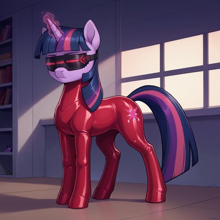 zPDXL, source_anime, 1girl, solo, BREAK
pony twilight sparkle, feral pony, expressionless, 
red visor, glowing visor, latex bodysuit,
indoors, full body,
 <lora:evil-visor-ot3-1200:0.6>