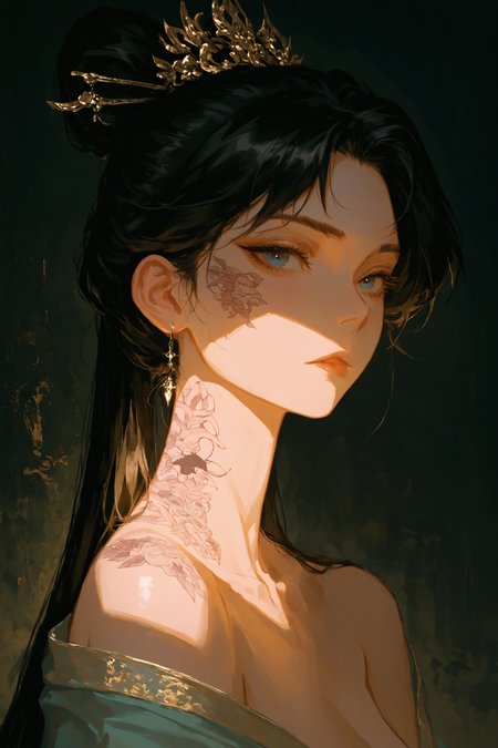 masterpiece, best quality, newest, absurdres, 
over-the-shoulder shot, Portrait, Frontal, a hanfu girl with tattoos of bio ink, BREAK (Rembrandt lighting:1.2), split diopter, <lora:ponyv4_noob1_2_adamW-000017:0.7000000000000001> <lora:USNR_STYLE_XL_lokr:0.5> <lora:EtherSDXL:0.3>