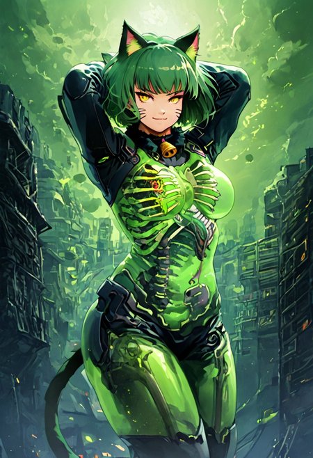 3l3m3ntp, cr1tter, detailed, transparent, (action pose),
woman, arms up, smirk, closed mouth, yellow eyes, makeup, fluffy green cat ears, short green hair, bangs, cat whiskers marks, large breasts,(green cat tail:1.4),socks, neck bell,
(futuristic night city tokyo:1.4), (green neon), brutalist architecture,
score_9, score_8, score_7, score_6, absurdres, skeleton, spine, hip_bones, ribcage, legs bones, solo, half body,
(transparent, transparent_body, transparent_skin),