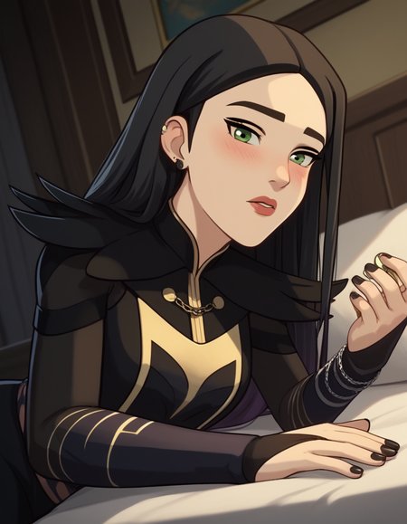 score_9, score_8_up, score_7_up, source_anime, <lora:dragon-prince-claudia-ponyxl-lora-nochekaiser:1>, claudia, long hair, black hair, green eyes, lips,, long sleeves, dress, jewelry, earrings, nail polish, black dress, black nails,, indoors, bed, bed room, on side, blush, drunk, looking at viewer, solo, cowboy shot, dutch angle