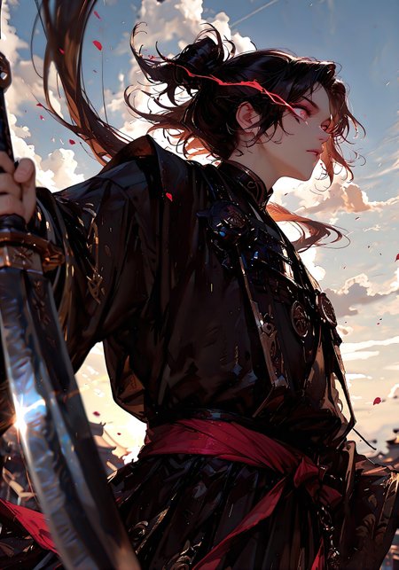 masterpiece, best quality, good quality, very aesthetic, absurdres, newest, 8K, depth of field, focused subject, visual storytelling, dynamic composition,
stylized, scenery, bokeh, blurred background, 
Black Myth Wukong, 1boy, solo, monkey king, Kael Vireon,
chinese mythology, (dynamic pose:1.3), eye-trails, fighting-stance, eye trail, zone-eyes, high speed motion, intense action shot, 
"dark glowing" black long knife,
upper body focus,
storm aura, divine energy, long flowing sash, ancient armor, windblown hair, dramatic sky, celestial clouds, mythic scale, sakura petals, cinematic composition, backlighting, volumetric light, storytelling scene, symbolic environment, god-tier illustration,(sketch:1.3), in the style of cksc, 